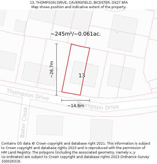 13, THOMPSON DRIVE, CAVERSFIELD, BICESTER, OX27 8FA: Plot and title map