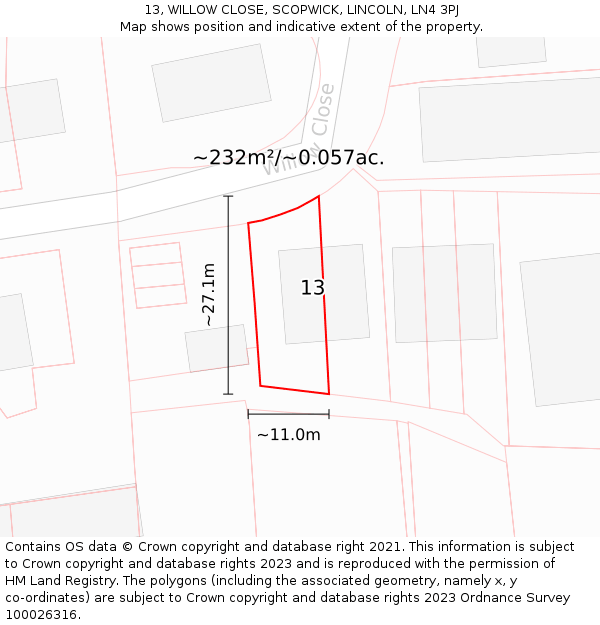 13, WILLOW CLOSE, SCOPWICK, LINCOLN, LN4 3PJ: Plot and title map