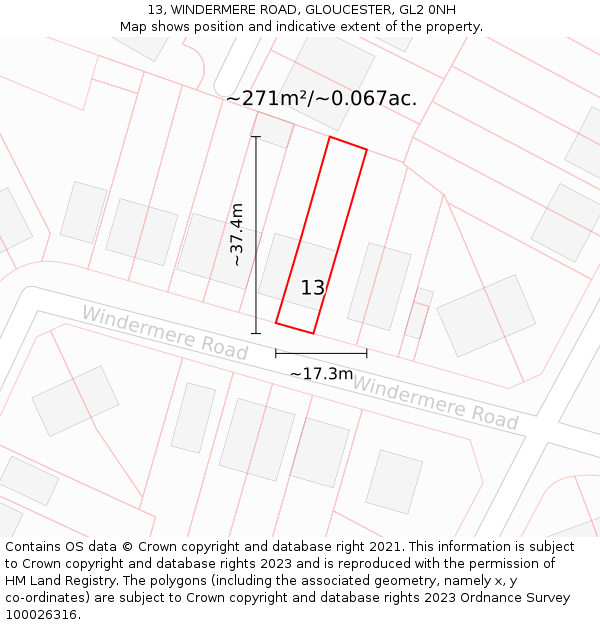 13, WINDERMERE ROAD, GLOUCESTER, GL2 0NH: Plot and title map