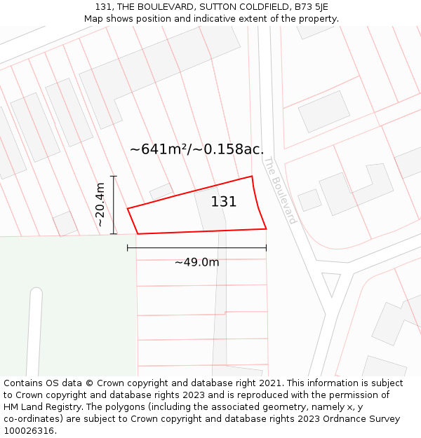 131, THE BOULEVARD, SUTTON COLDFIELD, B73 5JE: Plot and title map