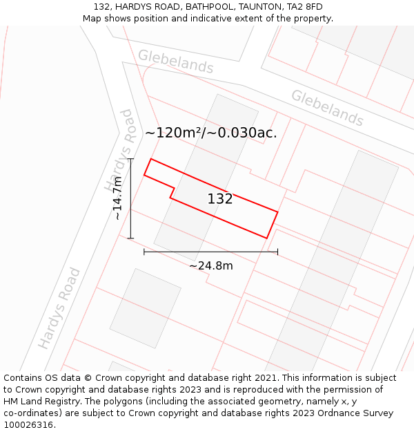 132, HARDYS ROAD, BATHPOOL, TAUNTON, TA2 8FD: Plot and title map