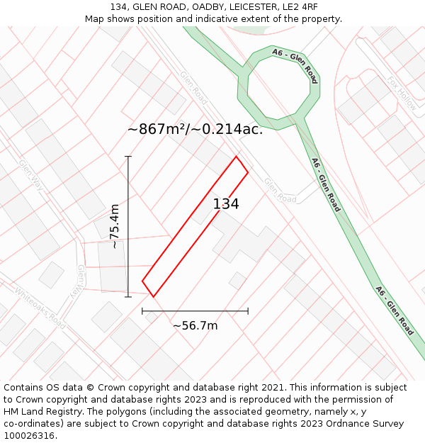 134, GLEN ROAD, OADBY, LEICESTER, LE2 4RF: Plot and title map