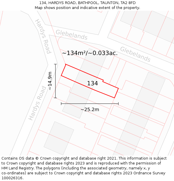 134, HARDYS ROAD, BATHPOOL, TAUNTON, TA2 8FD: Plot and title map