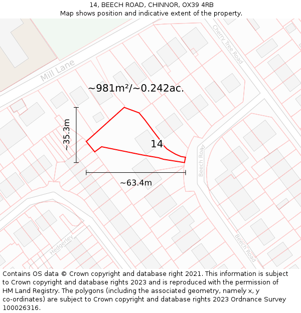 14, BEECH ROAD, CHINNOR, OX39 4RB: Plot and title map