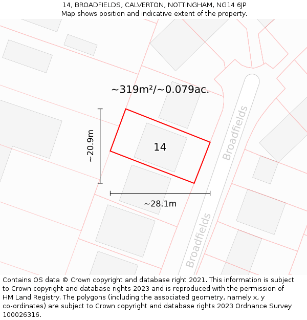 14, BROADFIELDS, CALVERTON, NOTTINGHAM, NG14 6JP: Plot and title map
