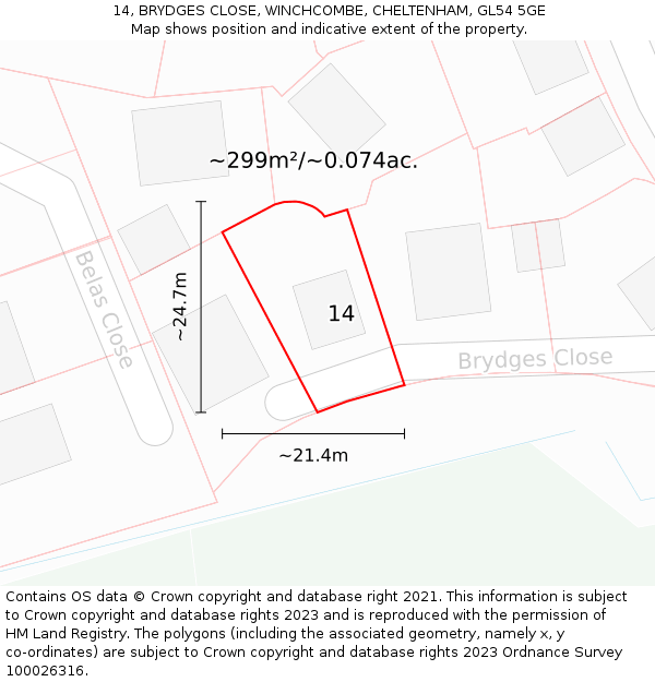 14, BRYDGES CLOSE, WINCHCOMBE, CHELTENHAM, GL54 5GE: Plot and title map