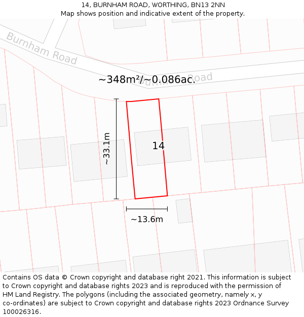 14, BURNHAM ROAD, WORTHING, BN13 2NN: Plot and title map