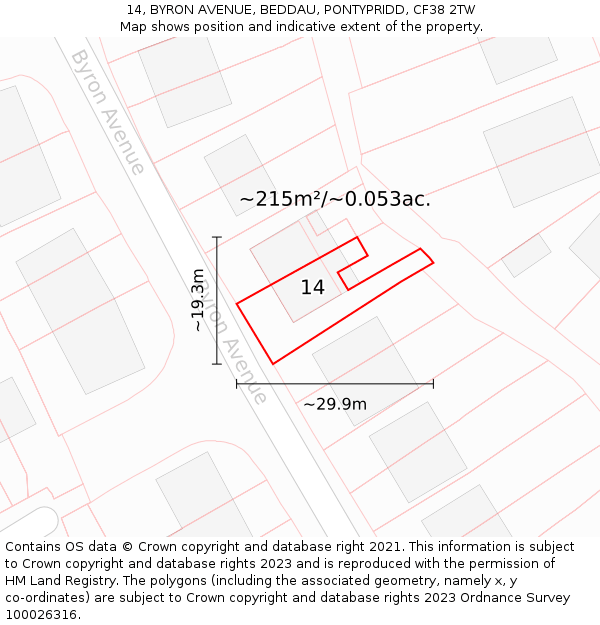 14, BYRON AVENUE, BEDDAU, PONTYPRIDD, CF38 2TW: Plot and title map