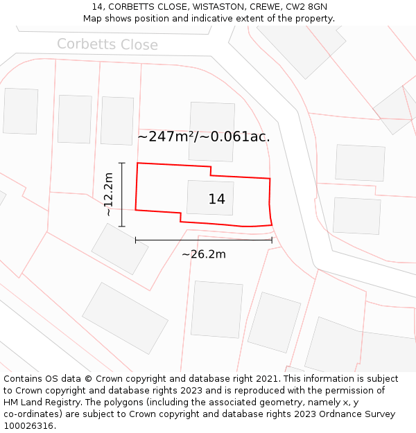 14, CORBETTS CLOSE, WISTASTON, CREWE, CW2 8GN: Plot and title map