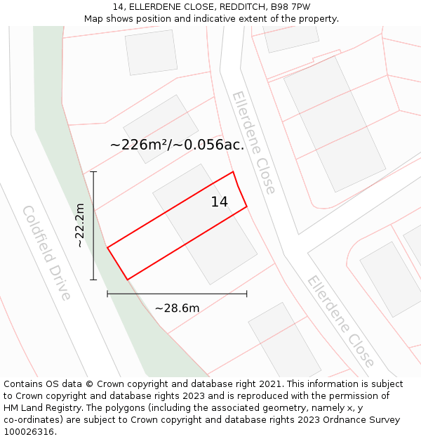 14, ELLERDENE CLOSE, REDDITCH, B98 7PW: Plot and title map