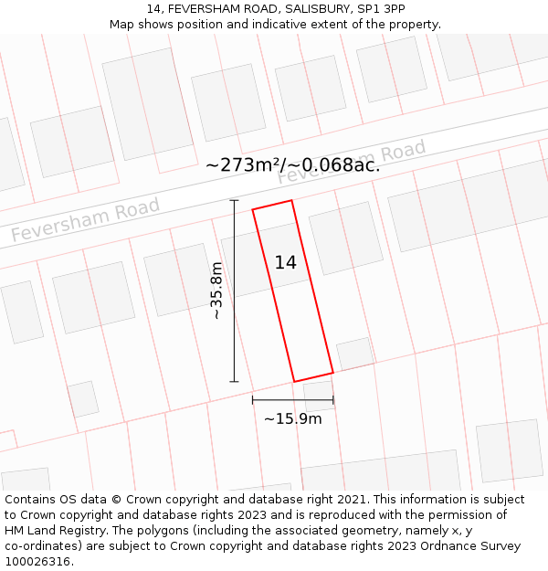 14, FEVERSHAM ROAD, SALISBURY, SP1 3PP: Plot and title map