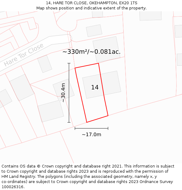 14, HARE TOR CLOSE, OKEHAMPTON, EX20 1TS: Plot and title map