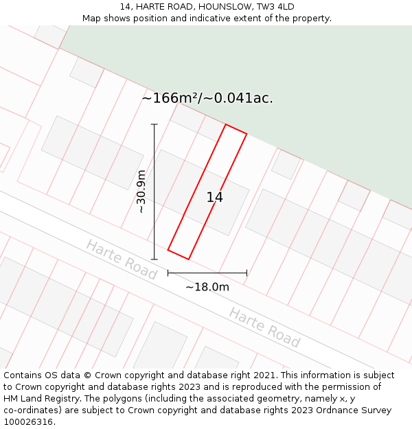 14, HARTE ROAD, HOUNSLOW, TW3 4LD: Plot and title map