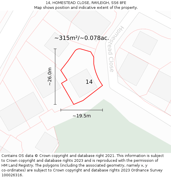 14, HOMESTEAD CLOSE, RAYLEIGH, SS6 8FE: Plot and title map