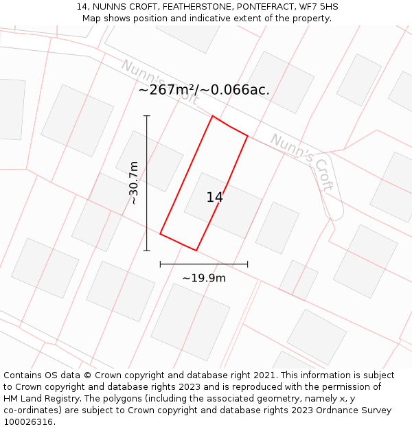 14, NUNNS CROFT, FEATHERSTONE, PONTEFRACT, WF7 5HS: Plot and title map