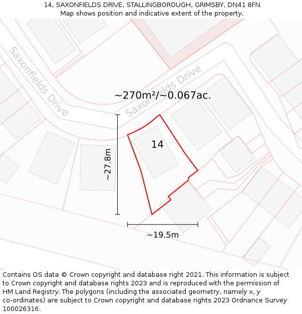 14, SAXONFIELDS DRIVE, STALLINGBOROUGH, GRIMSBY, DN41 8FN: Plot and title map