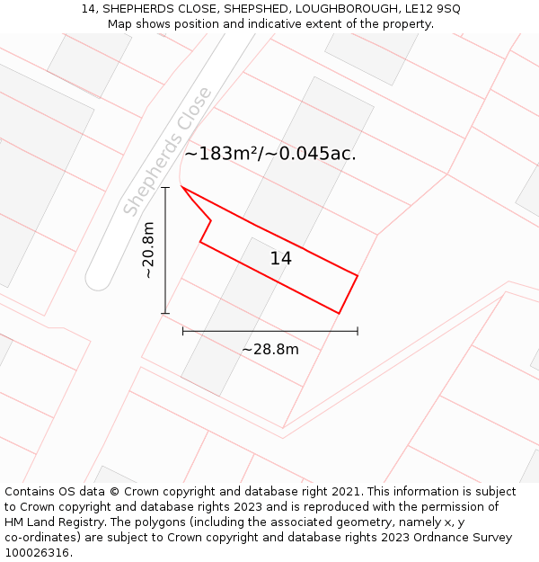 14, SHEPHERDS CLOSE, SHEPSHED, LOUGHBOROUGH, LE12 9SQ: Plot and title map