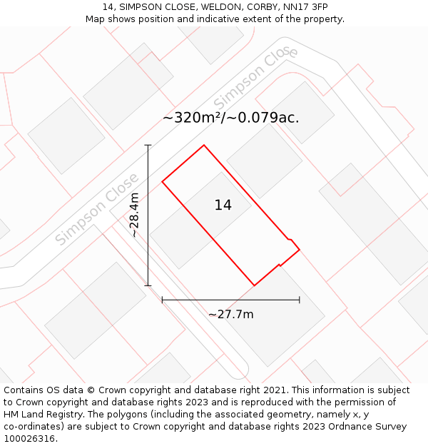 14, SIMPSON CLOSE, WELDON, CORBY, NN17 3FP: Plot and title map