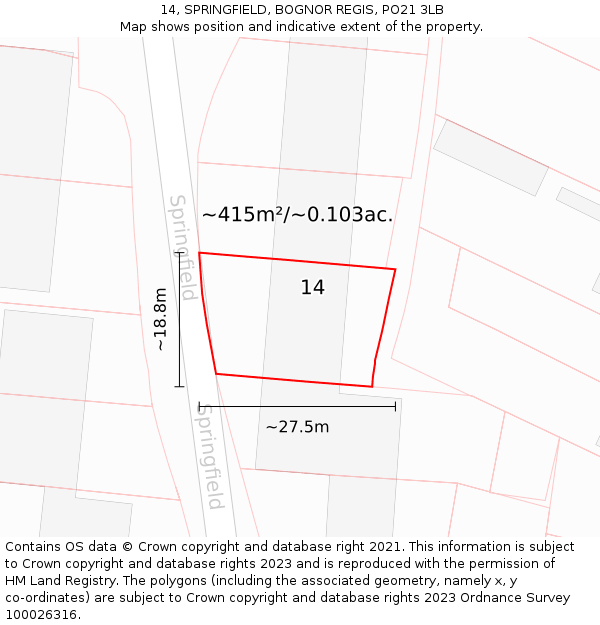 14, SPRINGFIELD, BOGNOR REGIS, PO21 3LB: Plot and title map