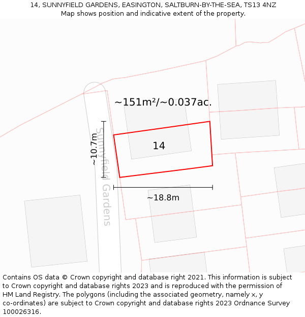 14, SUNNYFIELD GARDENS, EASINGTON, SALTBURN-BY-THE-SEA, TS13 4NZ: Plot and title map