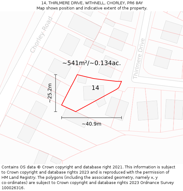 14, THIRLMERE DRIVE, WITHNELL, CHORLEY, PR6 8AY: Plot and title map
