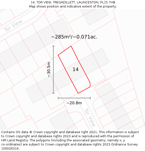 14, TOR VIEW, TREGADILLETT, LAUNCESTON, PL15 7HB: Plot and title map