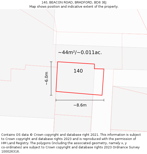 140, BEACON ROAD, BRADFORD, BD6 3EJ: Plot and title map