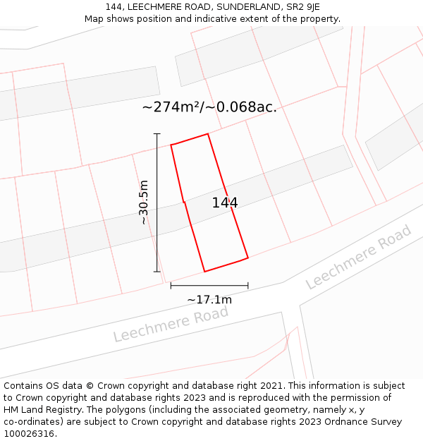 144, LEECHMERE ROAD, SUNDERLAND, SR2 9JE: Plot and title map