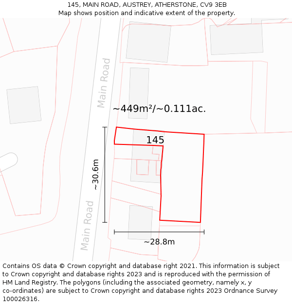145, MAIN ROAD, AUSTREY, ATHERSTONE, CV9 3EB: Plot and title map