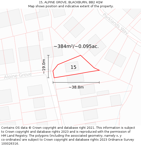 15, ALPINE GROVE, BLACKBURN, BB2 4QW: Plot and title map