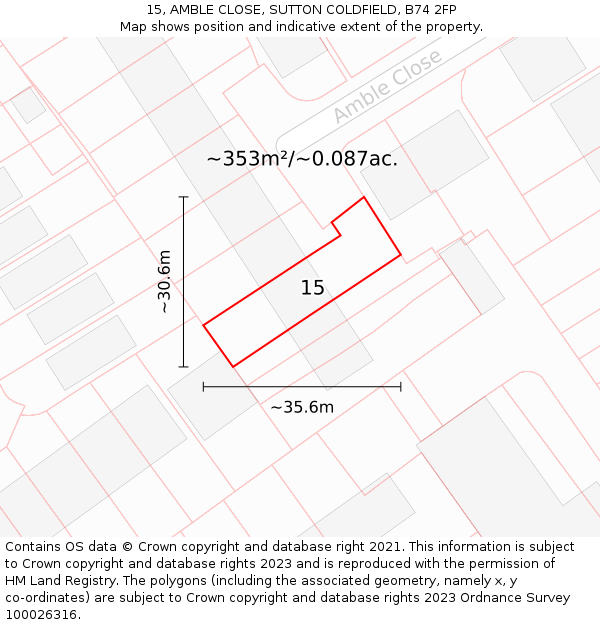 15, AMBLE CLOSE, SUTTON COLDFIELD, B74 2FP: Plot and title map