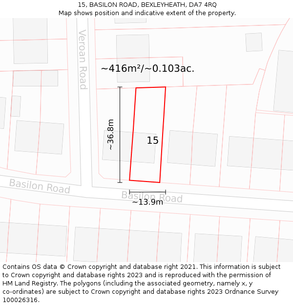15, BASILON ROAD, BEXLEYHEATH, DA7 4RQ: Plot and title map
