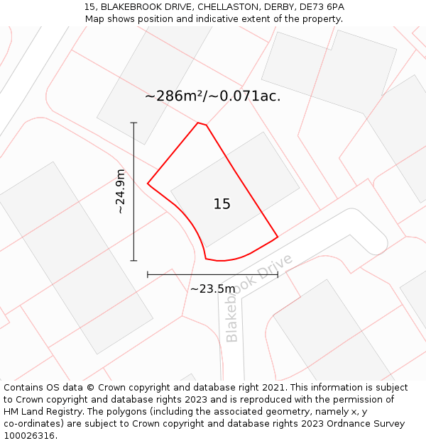 15, BLAKEBROOK DRIVE, CHELLASTON, DERBY, DE73 6PA: Plot and title map