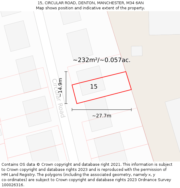 15, CIRCULAR ROAD, DENTON, MANCHESTER, M34 6AN: Plot and title map