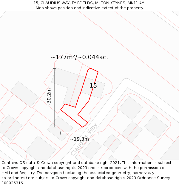 15, CLAUDIUS WAY, FAIRFIELDS, MILTON KEYNES, MK11 4AL: Plot and title map