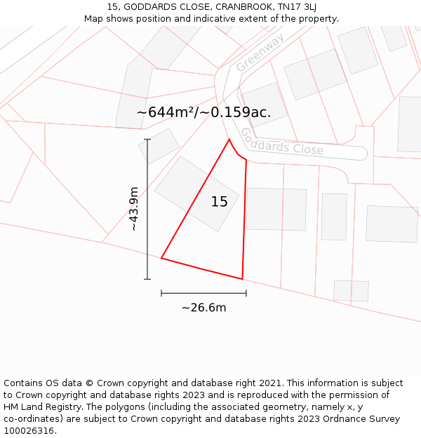 15, GODDARDS CLOSE, CRANBROOK, TN17 3LJ: Plot and title map