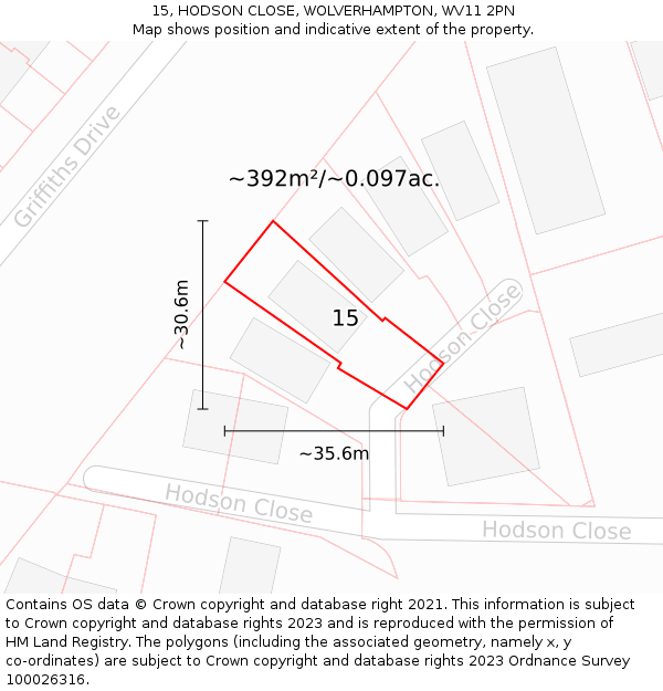 15, HODSON CLOSE, WOLVERHAMPTON, WV11 2PN: Plot and title map