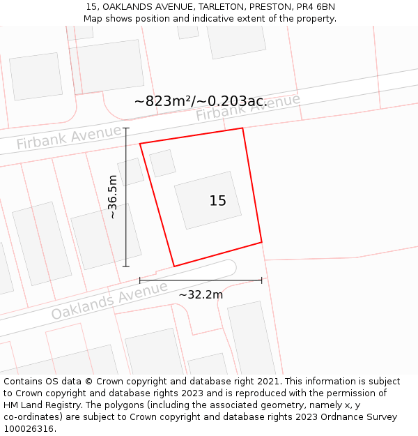 15, OAKLANDS AVENUE, TARLETON, PRESTON, PR4 6BN: Plot and title map