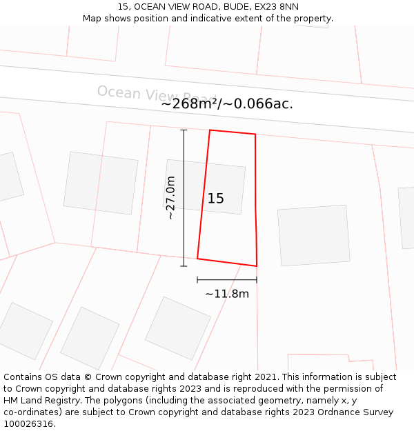 15, OCEAN VIEW ROAD, BUDE, EX23 8NN: Plot and title map