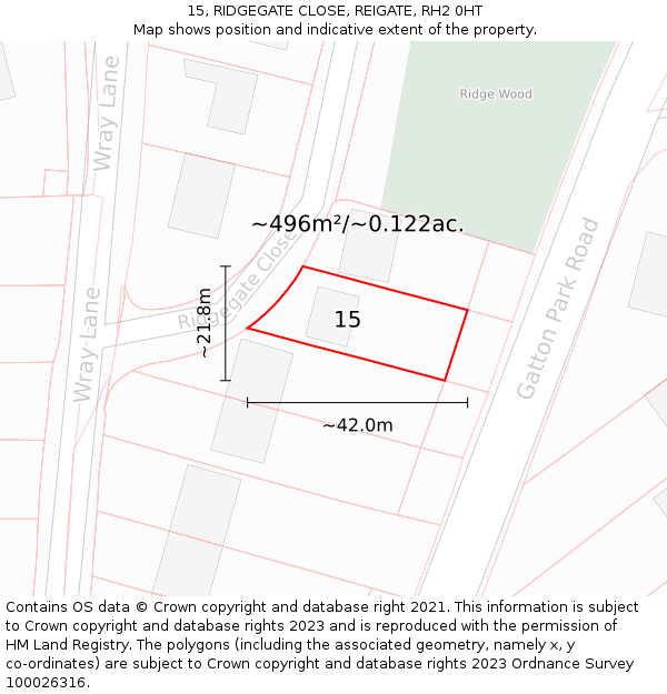 15, RIDGEGATE CLOSE, REIGATE, RH2 0HT: Plot and title map