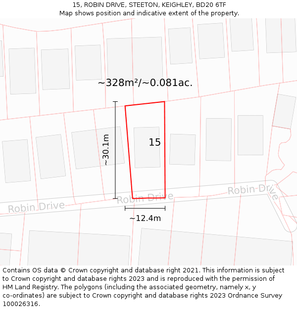 15, ROBIN DRIVE, STEETON, KEIGHLEY, BD20 6TF: Plot and title map