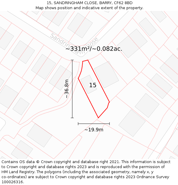 15, SANDRINGHAM CLOSE, BARRY, CF62 8BD: Plot and title map