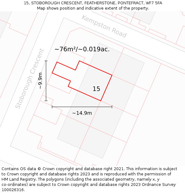 15, STOBOROUGH CRESCENT, FEATHERSTONE, PONTEFRACT, WF7 5FA: Plot and title map