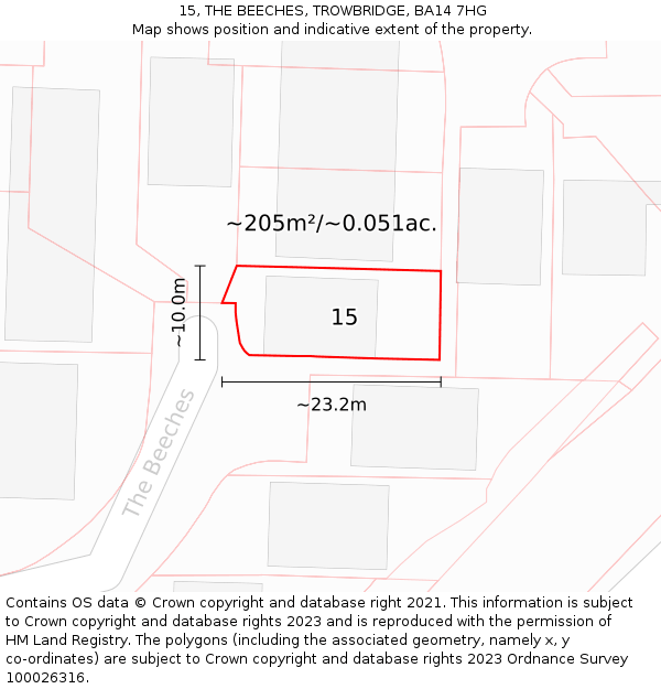 15, THE BEECHES, TROWBRIDGE, BA14 7HG: Plot and title map
