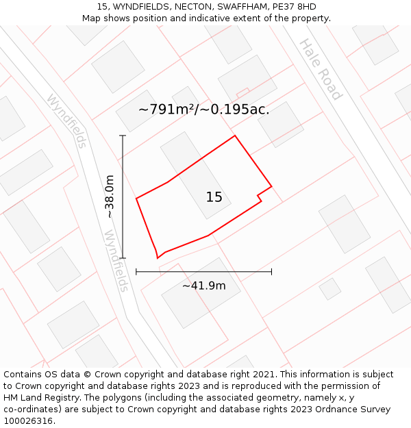 15, WYNDFIELDS, NECTON, SWAFFHAM, PE37 8HD: Plot and title map