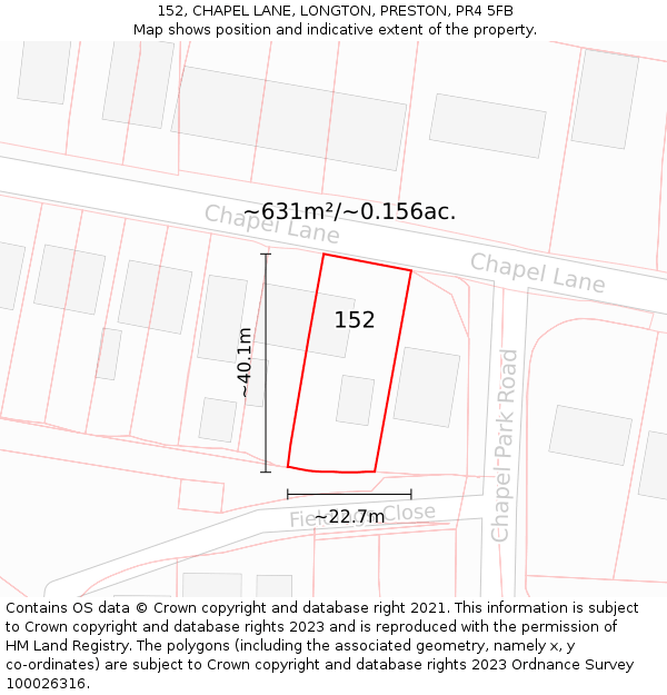 152, CHAPEL LANE, LONGTON, PRESTON, PR4 5FB: Plot and title map