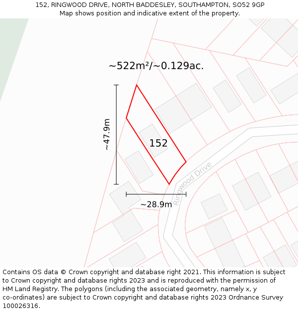152, RINGWOOD DRIVE, NORTH BADDESLEY, SOUTHAMPTON, SO52 9GP: Plot and title map