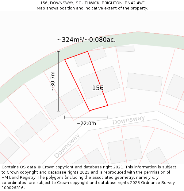 156, DOWNSWAY, SOUTHWICK, BRIGHTON, BN42 4WF: Plot and title map