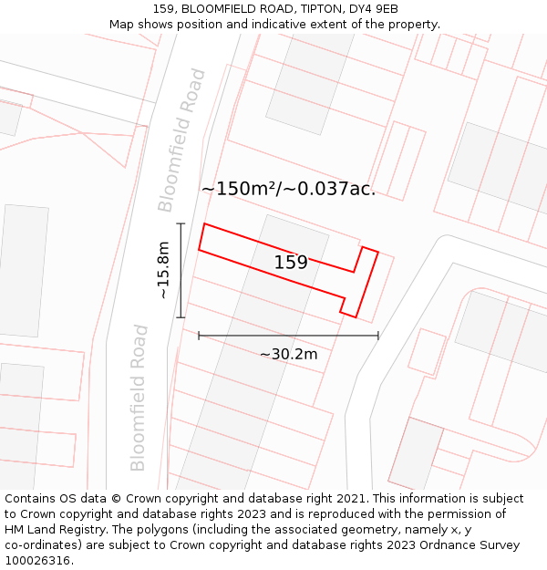 159, BLOOMFIELD ROAD, TIPTON, DY4 9EB: Plot and title map
