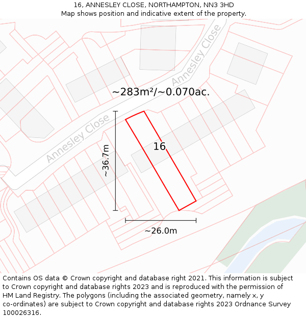 16, ANNESLEY CLOSE, NORTHAMPTON, NN3 3HD: Plot and title map
